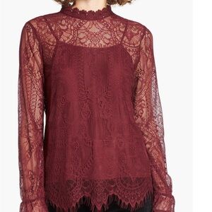Wayf Burgundy Lace High-Neck Long-Sleeve Blouse